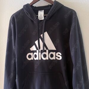 ADIDAS Men’s All Over Logo Black Hoodie | Cotton Blend | Size Large
